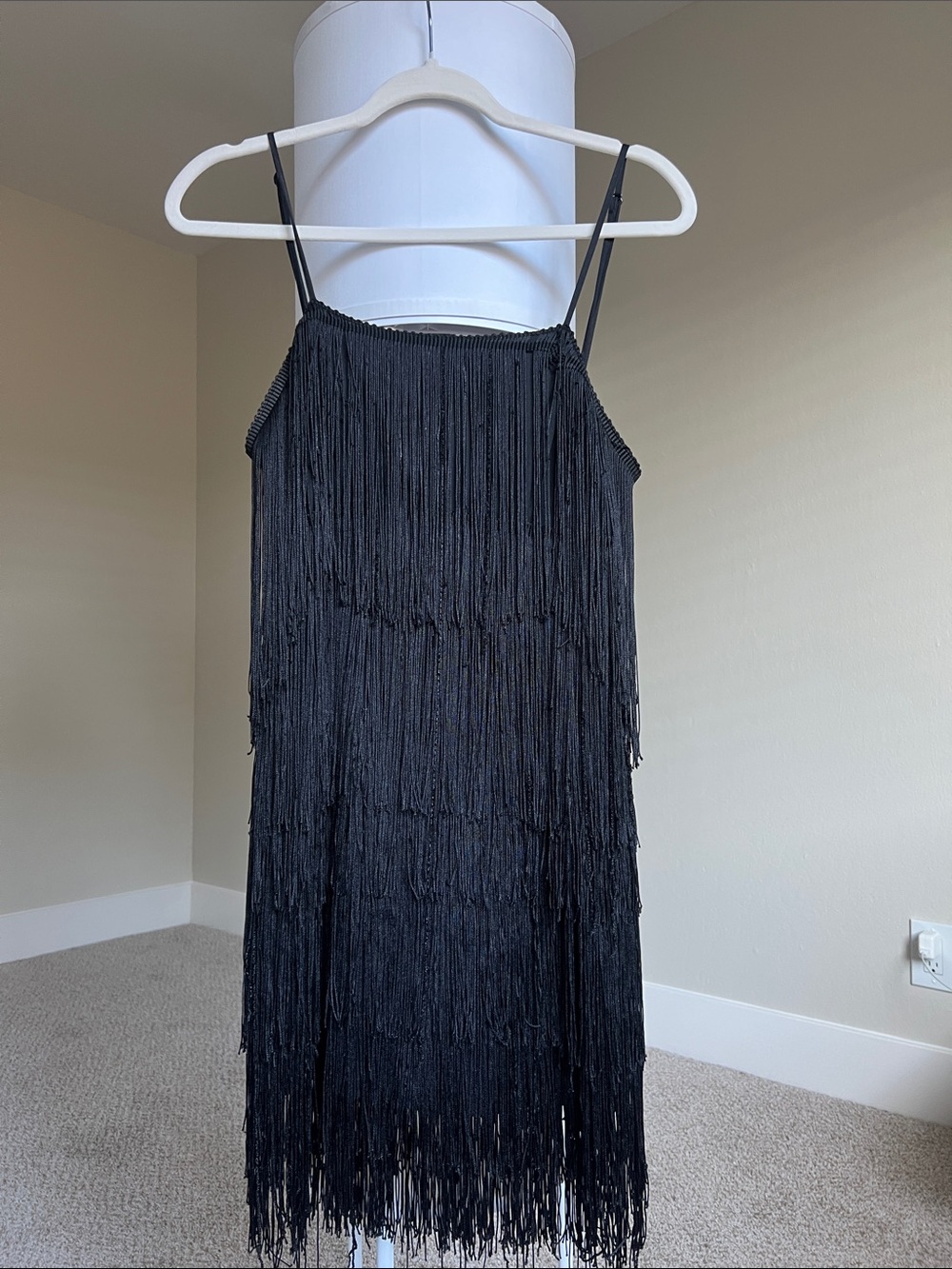 Fashion Nova Black Fringe Spaghetti-Strap Mini Dress